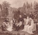 Die knigliche Familie im Schlosspark Charlottenburg. Links die Gruppe der spielenden Kinder: Prinz Wilhelm und Prinzessin Charlotte; stehend: Kronprinz, Prinzessin Alexandrine, Prinz Karl; in der Mitte und rechts, sitzend: der Knig, Knigin Luise, Prinzessin Marianne; hinter ihnen: Prinz Wilhelm d. . und Prinz Heinrich d. J. Stich von Fr. Wilh. Meyer 1806 nach einem Gemlde von Dhling.