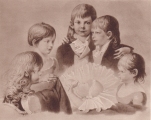 Die Kinder Knig Friedrich Wilhelms III. und der Knigin Luise: Von links: Prinz Karl, Prinzessin Charlotte, Kronprinz, Prinz Wilhelm, Prinzessin Alexandrine, Prinzessin Luise (im Kissen). Zeichnung von Wachsmann, 1808.