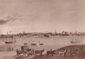 Memel von der Westseite. Im Vordergrund der Reisewagen des Knigspaares. 1808.